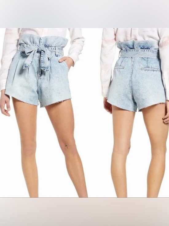 Blank NYC Pants - Light Wash Denim Paperbag Waist Shorts with Tie Belt